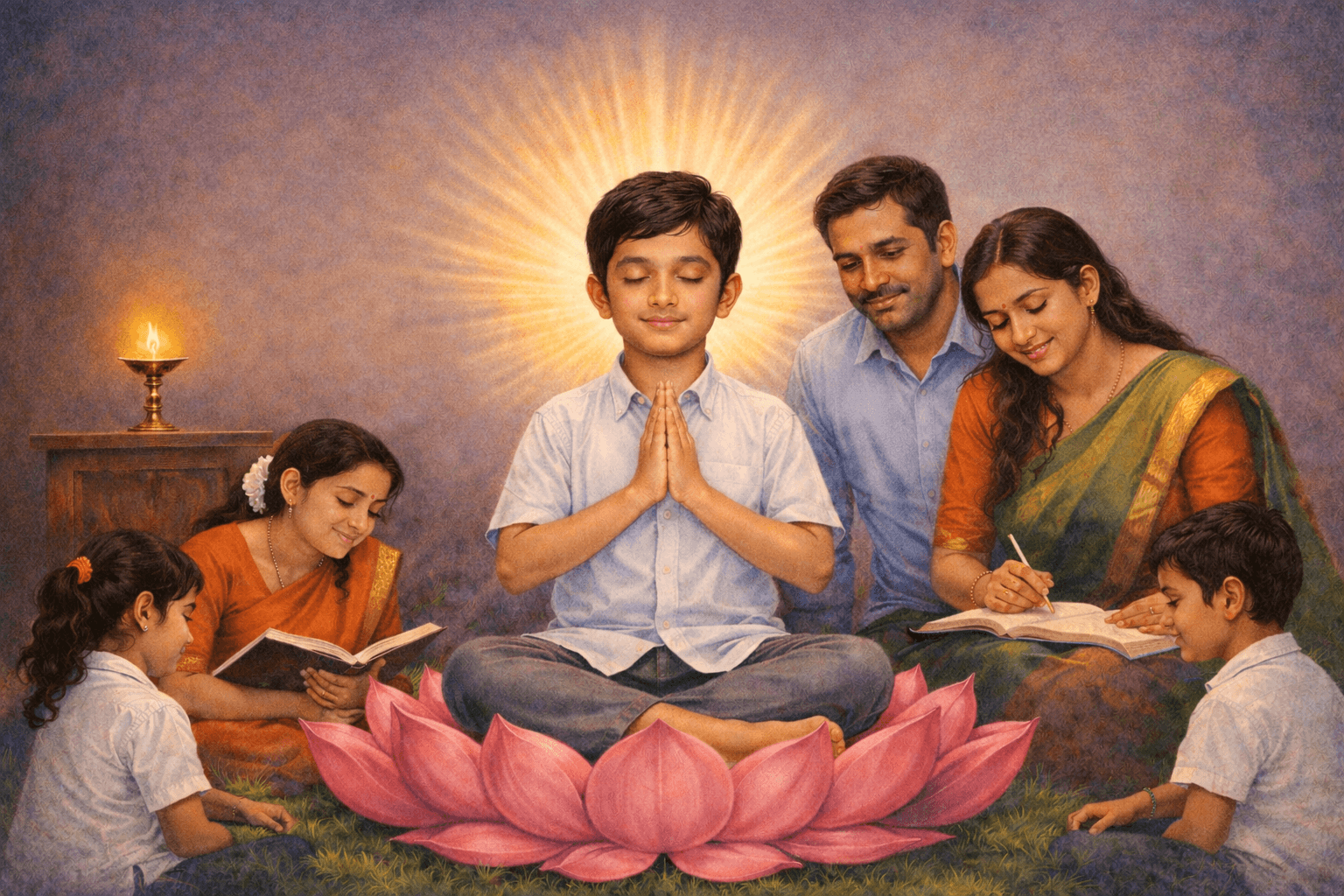 Children learning and parents supporting in Sri Sathya Sai Balvikas Programme